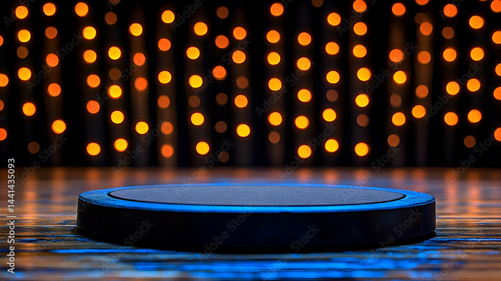 Poster dark blue circular platform on a wooden surface with a blurred background of warm orange bokeh light