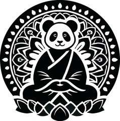 Intricate Black And White Illustration Of A Panda In A Lotus Position Within A Mandala
