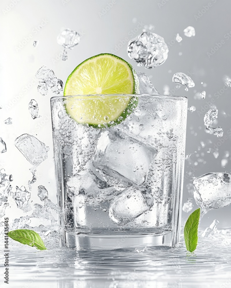 Poster refreshing gin tonic with lime slice and ice cubes in a glass on a light background with water splas