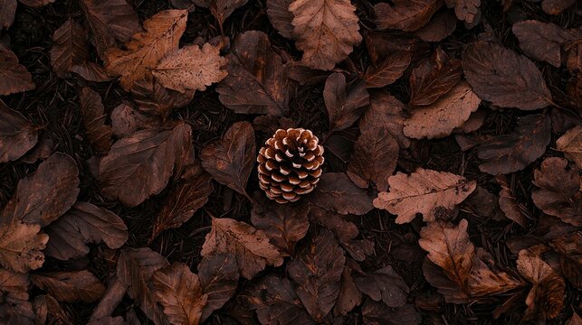 A single pine cone lies among fallen autumn leaves on the forest floor in earthy brown tones. - Powered by Adobe