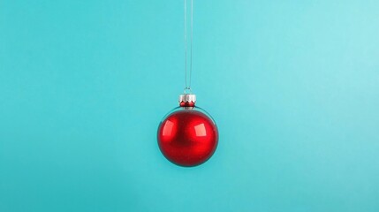 Red Christmas ornament hanging against a blue background