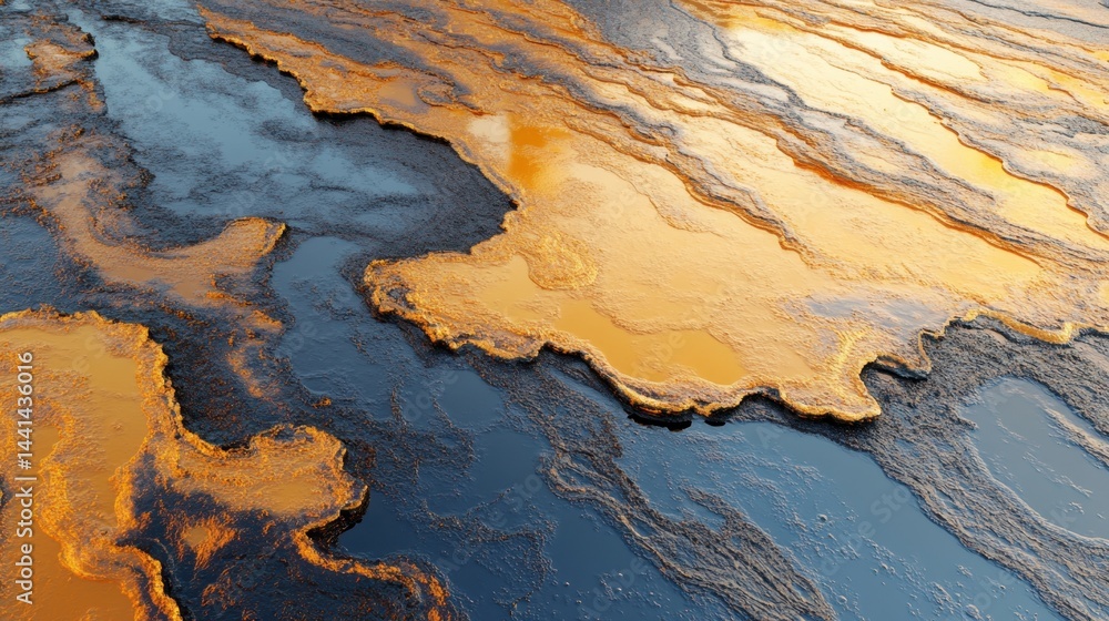 Poster abstract aerial view of golden liquid flowing into dark blue water creating intricate patterns and t