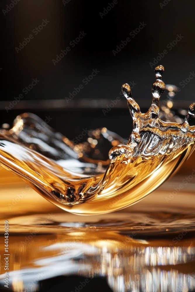 Poster captivating close up of golden liquid splash creating dynamic crown shape against dark backdrop offe