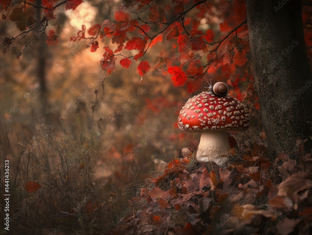 Poster enchanting autumnal forest scene with a red mushroom and a snail resting on its cap capturing the ma