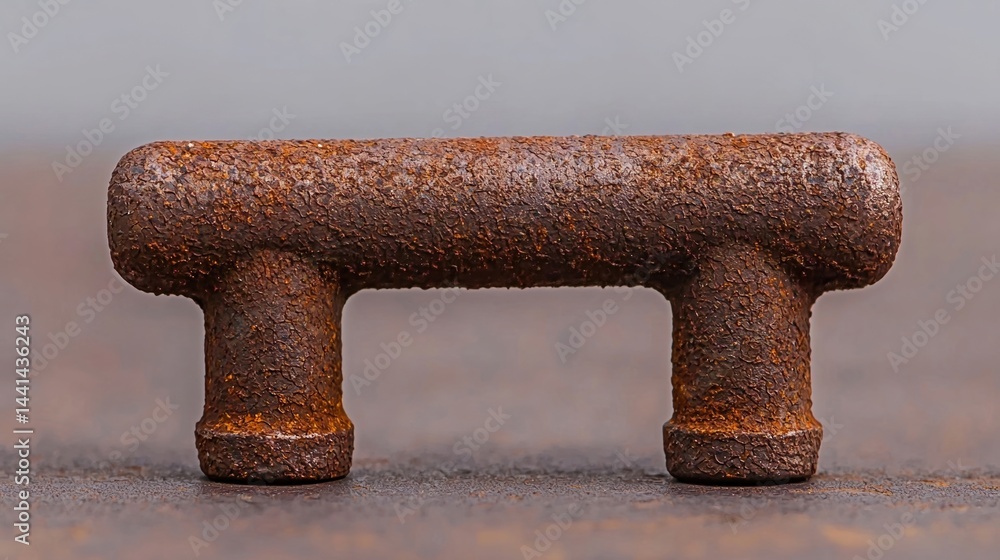 Poster a rusty metal object with two legs stands on a flat surface, showing texture and corrosion.