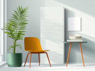 Minimalist living room with yellow chair, green potted plant, sliding wall, sunlight, and modern table with books