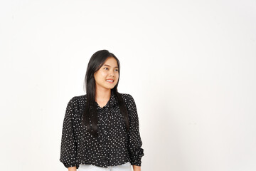 Smiling and looking away Of Beautiful Asian Woman Wearing black Isolated On White Background