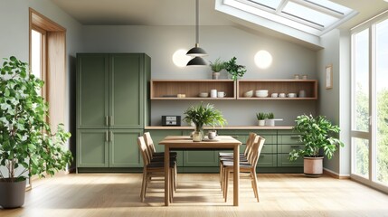 Fototapeta premium Modern kitchen dining area with green cabinets, natural light, plants