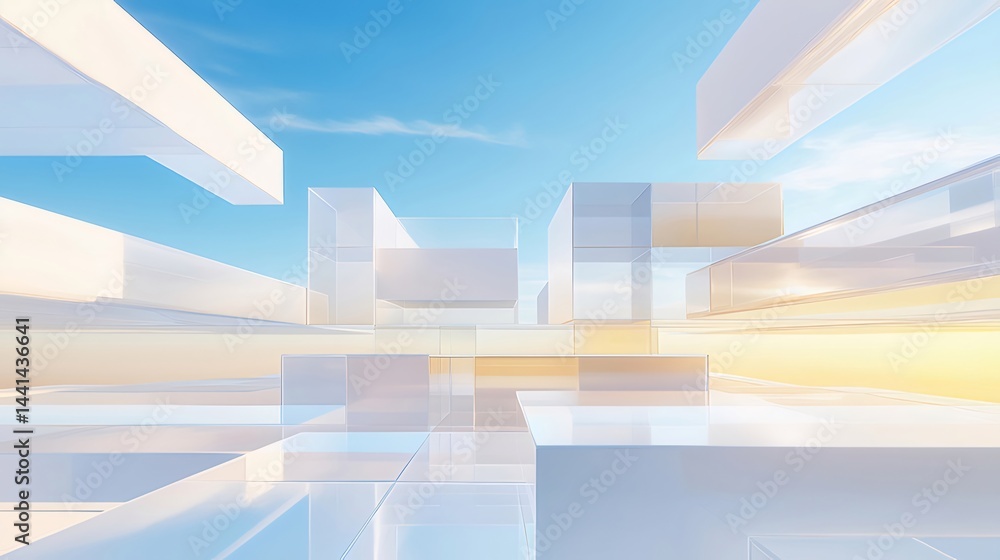 Aufkleber 空色の空と白い立方体の構造による抽象的なデザインの透視図 3dレンダリング