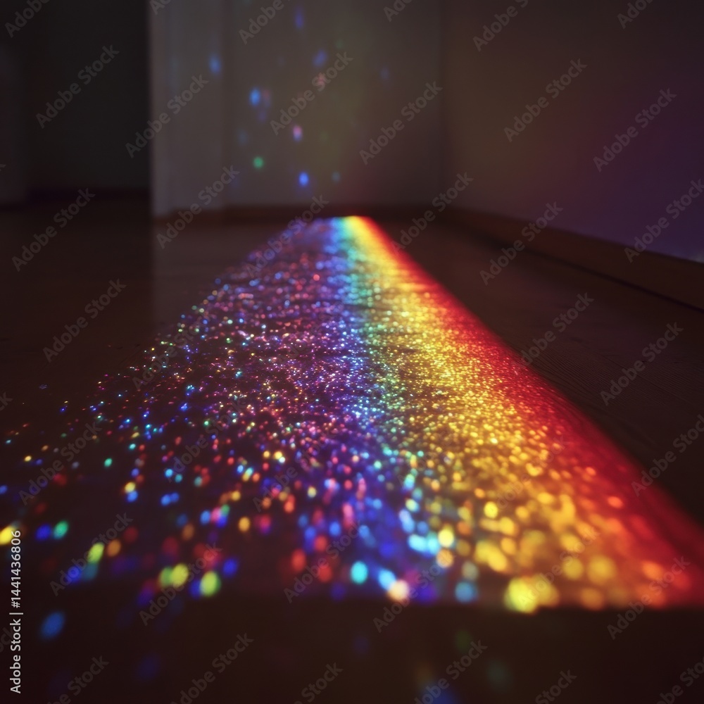 Poster vibrant rainbow light spectrum shining on wooden floor creating colorful bokeh effect in dark room w