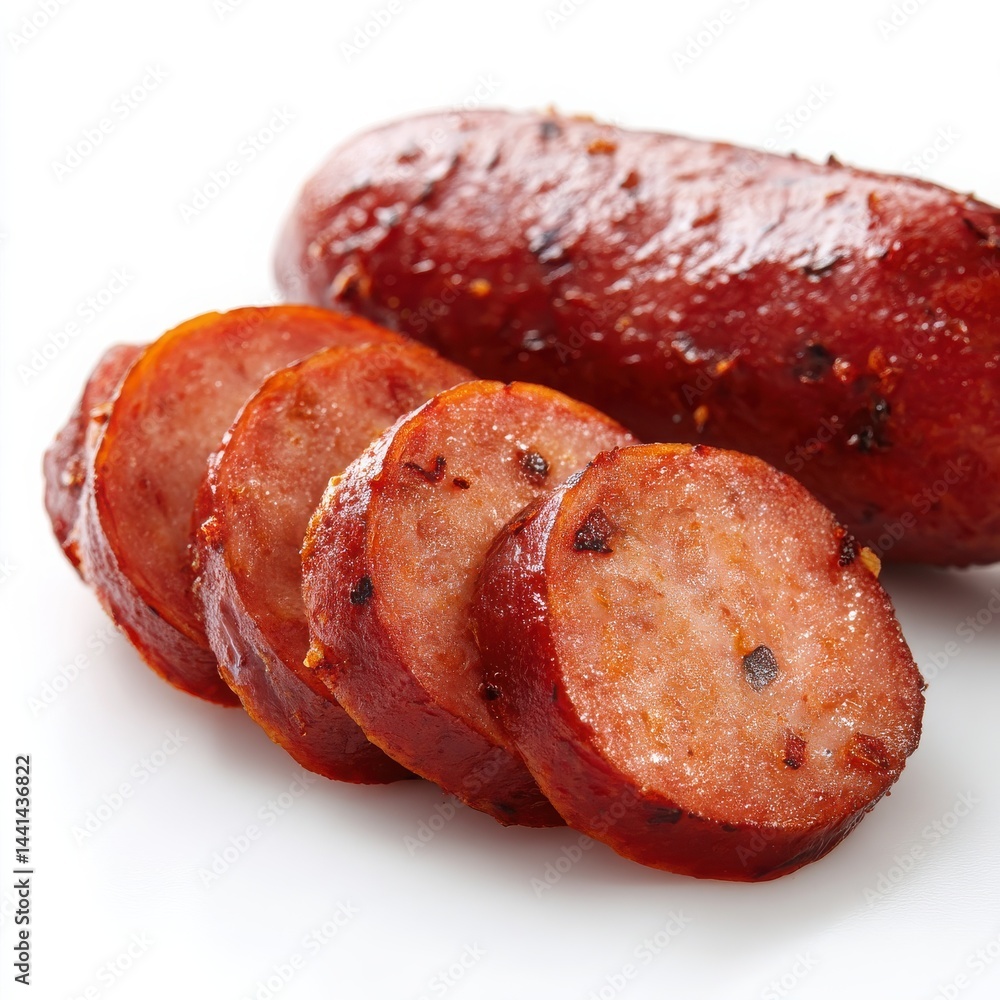 Poster a close up shot of a sausage with slices on a white surface showing texture and detail of the meat. 