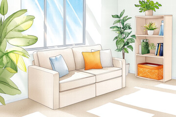 Bright living room with beige sofa, colorful cushions, indoor plants, bookshelf, and sunlight streaming