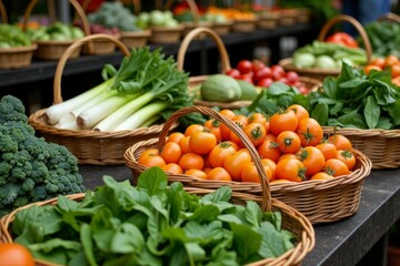 Freshly harvested vegetables displayed in numerous baskets.