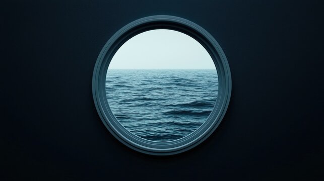 Fototapeta Calm ocean waves seen through a round porthole, creating a tranquil and minimalist maritime view.