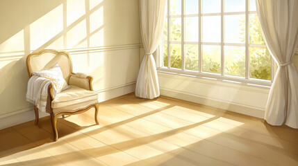 Fototapeta premium Cozy living room corner with vintage armchair, sunlight streaming through large window, peaceful morning vibe