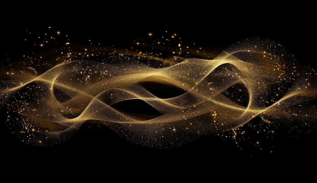 abstract golden glitter waves and sparkling particles flowing gracefully on a black background, creating a sense of movement and elegance - Powered by Adobe