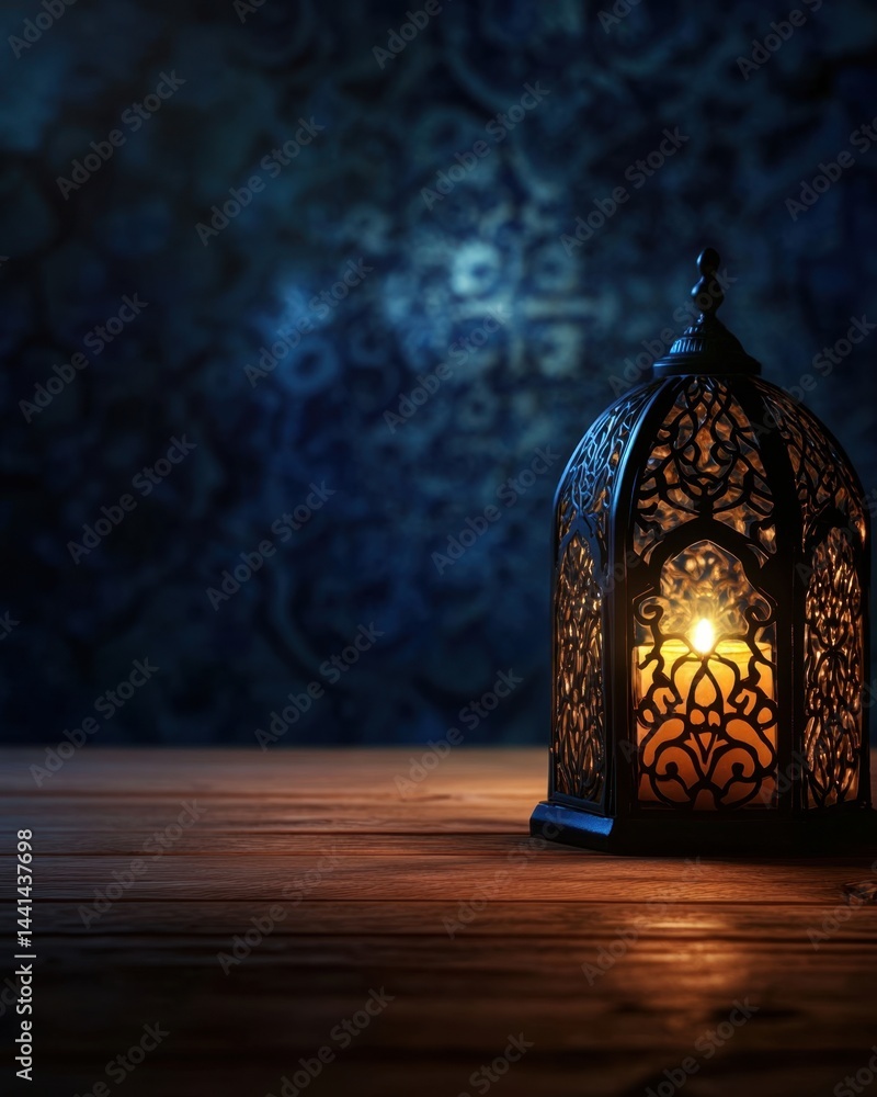Poster intricate lantern casting warm glow on wooden surface against a dark patterned backdrop creating a s