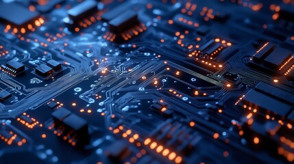 Obraz premium Abstract Circuit Board Technology Background Digital Blue Orange Glowing Lines Detailed Pattern Modern Design Electronic
