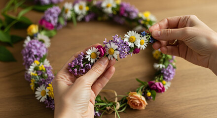 Fototapeta premium Making a flower crown diy tutorial with lilac daisies and roses for spring summer