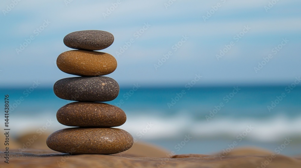 Poster a stack of smooth stones balanced on the beach with a blurred ocean and sky in the background.