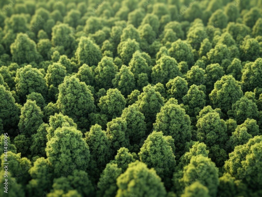 Poster lush green canopy of dense trees creating a textured forest landscape with a soft focus and aerial p