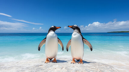 Fototapeta premium Two penguins with striking black and white feathers stand on rock by ocean, enjoying sunny day