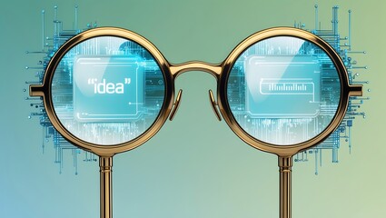 Round glasses reflect the word idea with digital circuit board background.