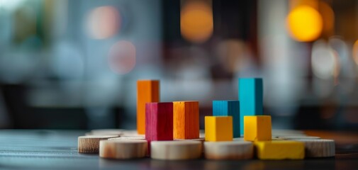 A colorful arrangement of wooden blocks on a table, creating a playful and artistic scene with a blurred background.