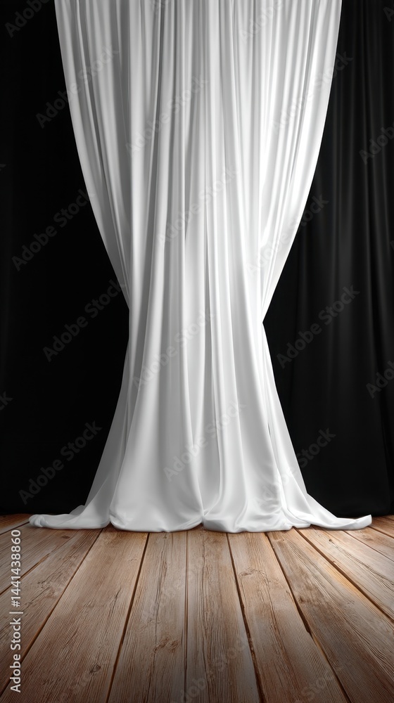 Poster elegant white curtain draped over black background on rustic wooden floor creating a soft and inviti