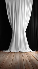 Elegant white curtain draped over black background on rustic wooden floor creating a soft and inviting atmosphere with a dramatic visual effect and a sense of luxury