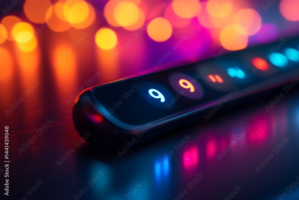 Poster abstract dark panel with glowing numbers under bokeh lights and reflections
