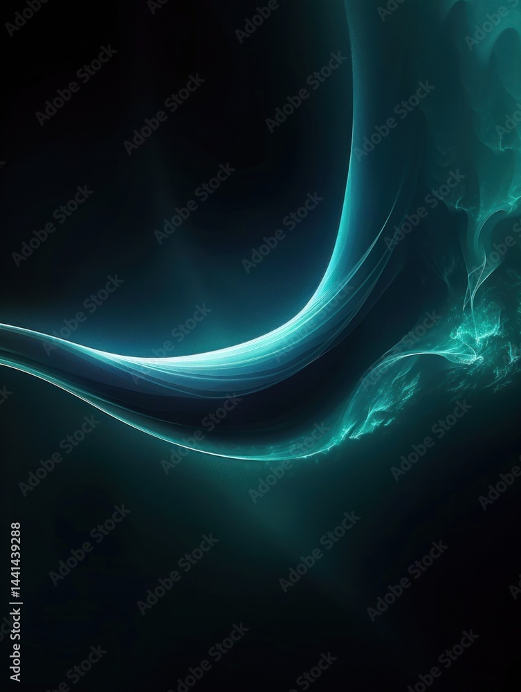 Poster smooth glowing blue and teal wave-like abstract light flow in dark background evoking calm and myste