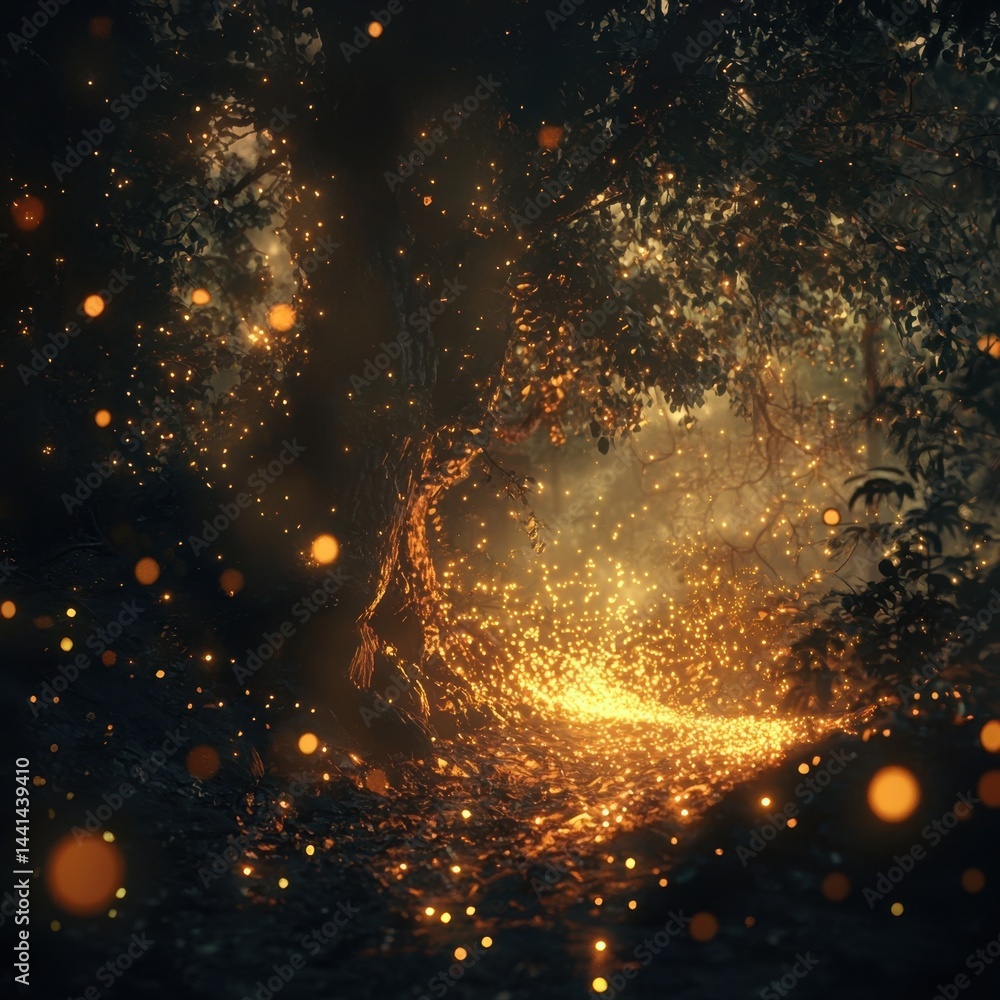 Poster enchanted forest path illuminated by ethereal golden lights creating a magical and dreamy atmosphere