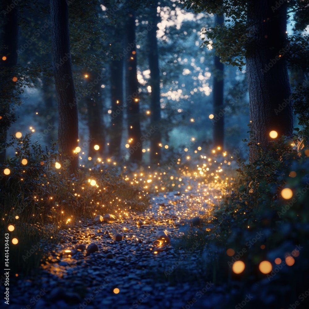Poster enchanted forest path illuminated by glowing orbs creating a magical atmosphere through trees at twi