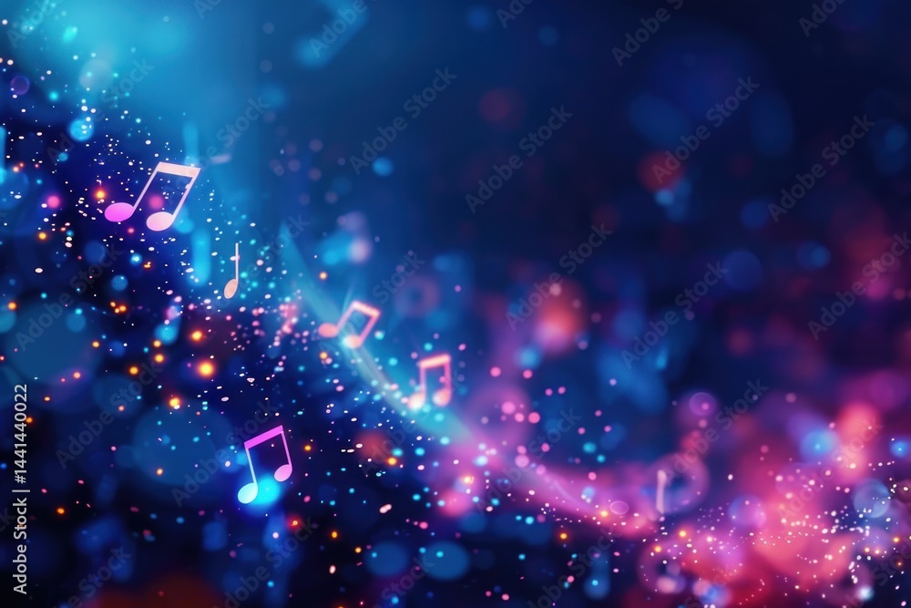 Aufkleber glowing vibrant music notes floating in a dynamic blue and pink light-filled space with sparkling pa