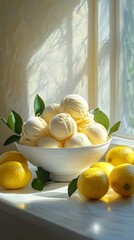 Lemon ice cream scoops in a bowl, surrounded by fresh lemons, sunlit setting