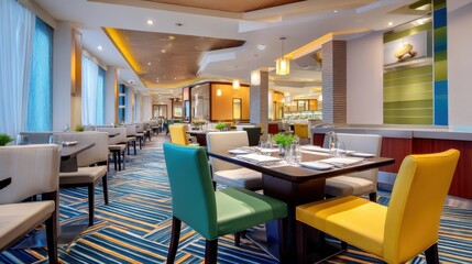 Fototapeta premium Modern dining area with colorful chairs.
