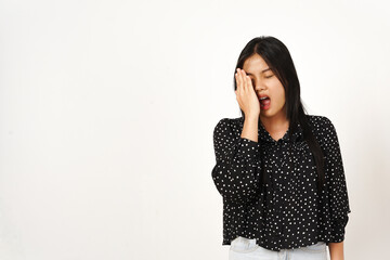 hand on face and suffering headache Of Beautiful Asian Woman Wearing black Isolated On White...