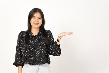 Showing and Presenting Product on Open Palm Of Beautiful Asian Woman Wearing black Isolated On White Background