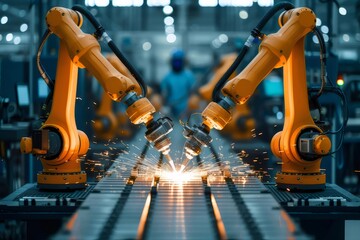 オレンジ色と金属製のロボットアームが青い背景の中で金属板を溶接している様子
