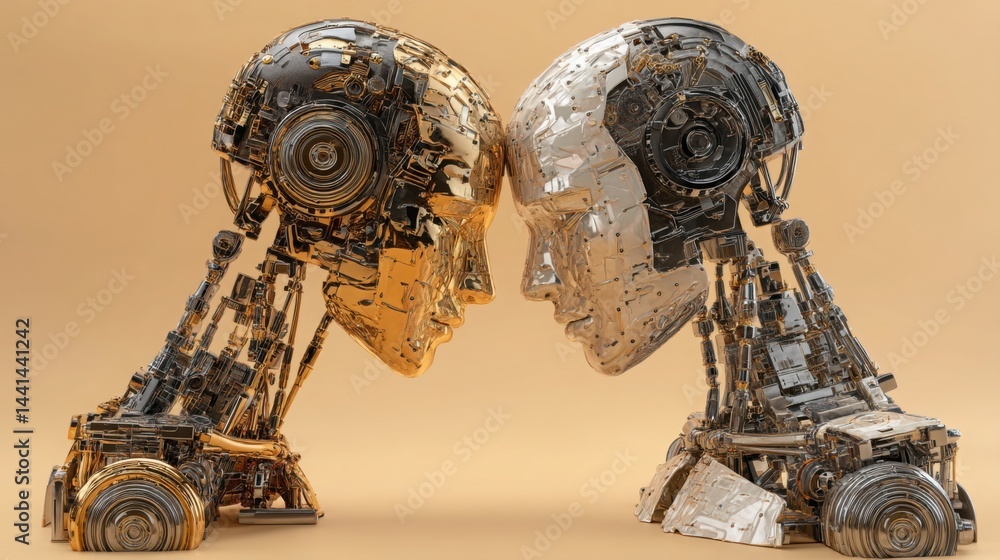 Aufkleber two robots facing each other representing ai-enhanced investment psychology and the interaction of m