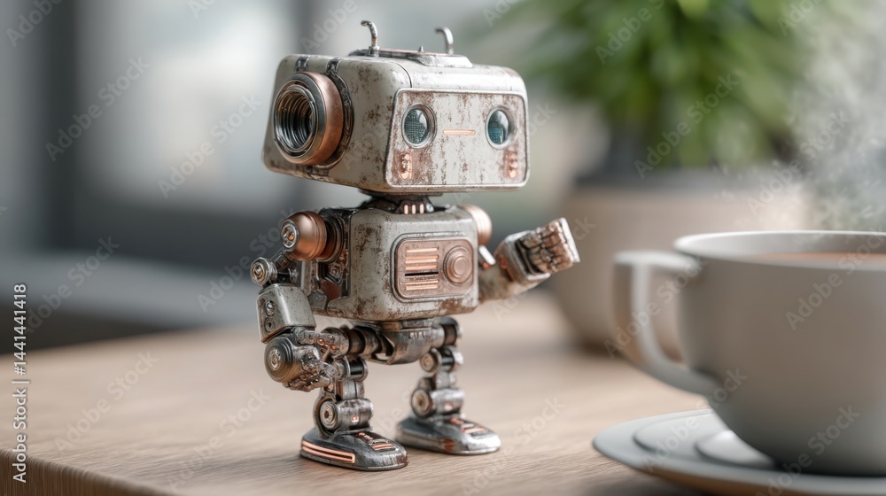Poster advanced robot on a table showcasing ai-powered wealth management automation technology for financia