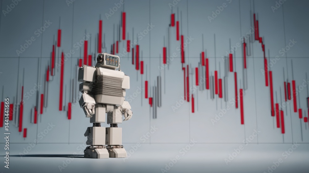 Poster robot standing in front of stock chart illustrating ai evolution in quantitative trading and financi