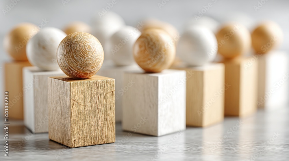Poster wooden block with a ball on top illustrating blockchain driven governance structures and concept of 