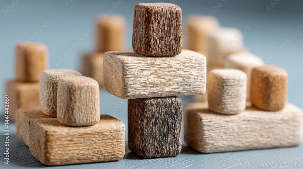 Poster stacked wooden blocks representing blockchain driven governance structures and the concept of decent