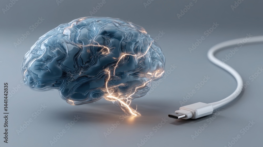 Poster brain connected to a cable representing brain-computer interface innovation and investment in advanc