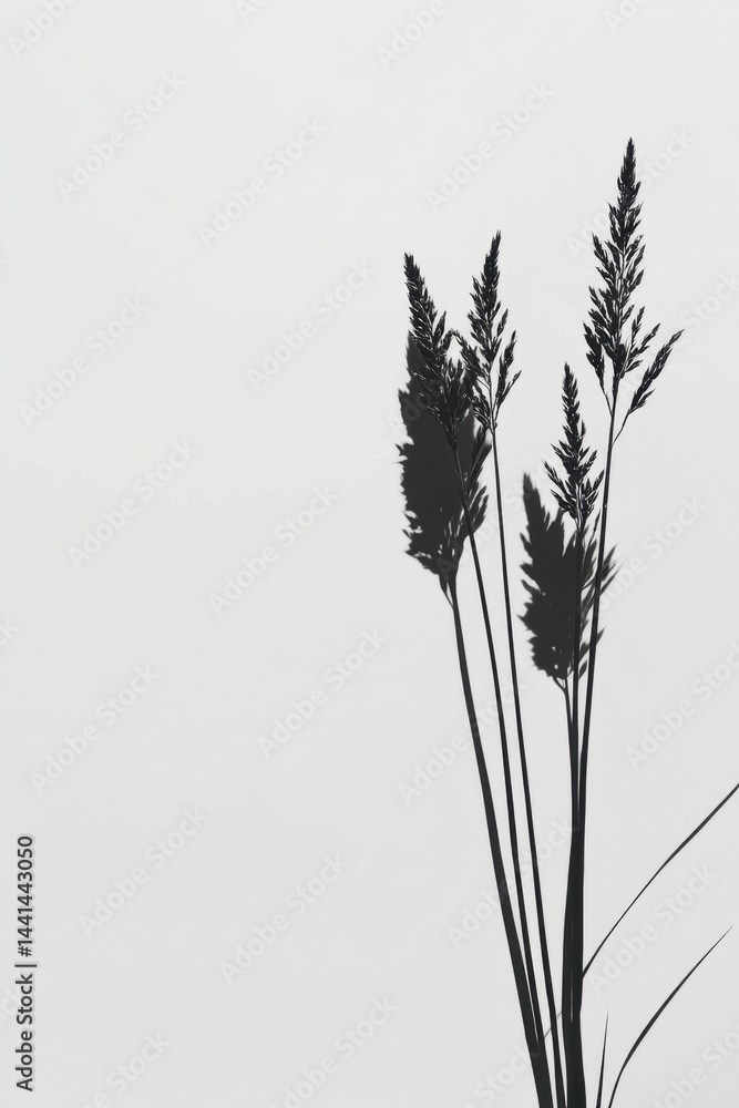 Poster minimalist monochrome image of grass shadows against a white backdrop creating a serene and natural 