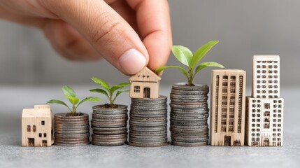 Hand placing a green plant on a stack of coins representing climate adaptation finance and investment in resilience