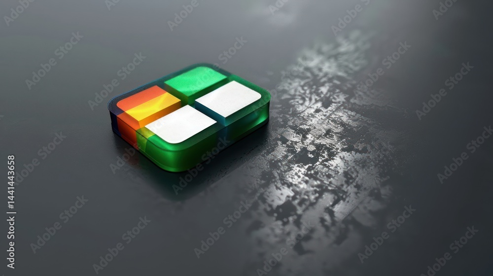 Poster colorful transparent square block with four colored sections on a dark textured surface, reflecting 