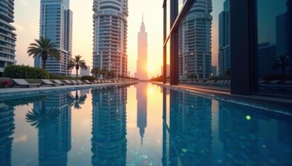 Close-up of reflective surface in Dubai skyscraper capturing surrounding buildings and sky, urban, close-up, glass